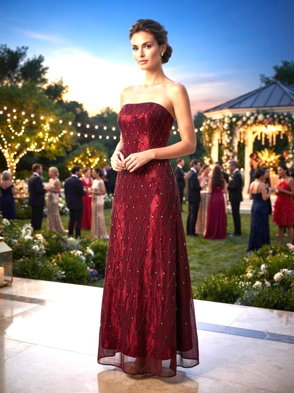 Jovani Strapless Beaded Burgundy Evening Gown